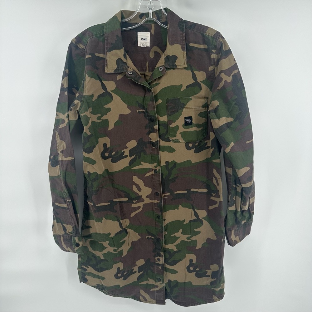 VANS Camouflage Army Camo Green Shirt Dress Snap Button Grunge Medium - Picture 2 of 6